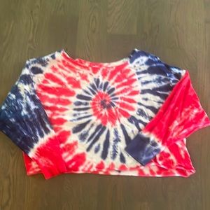 Womens xl off shoulder cropped tie dye sweatshirt red white and blue